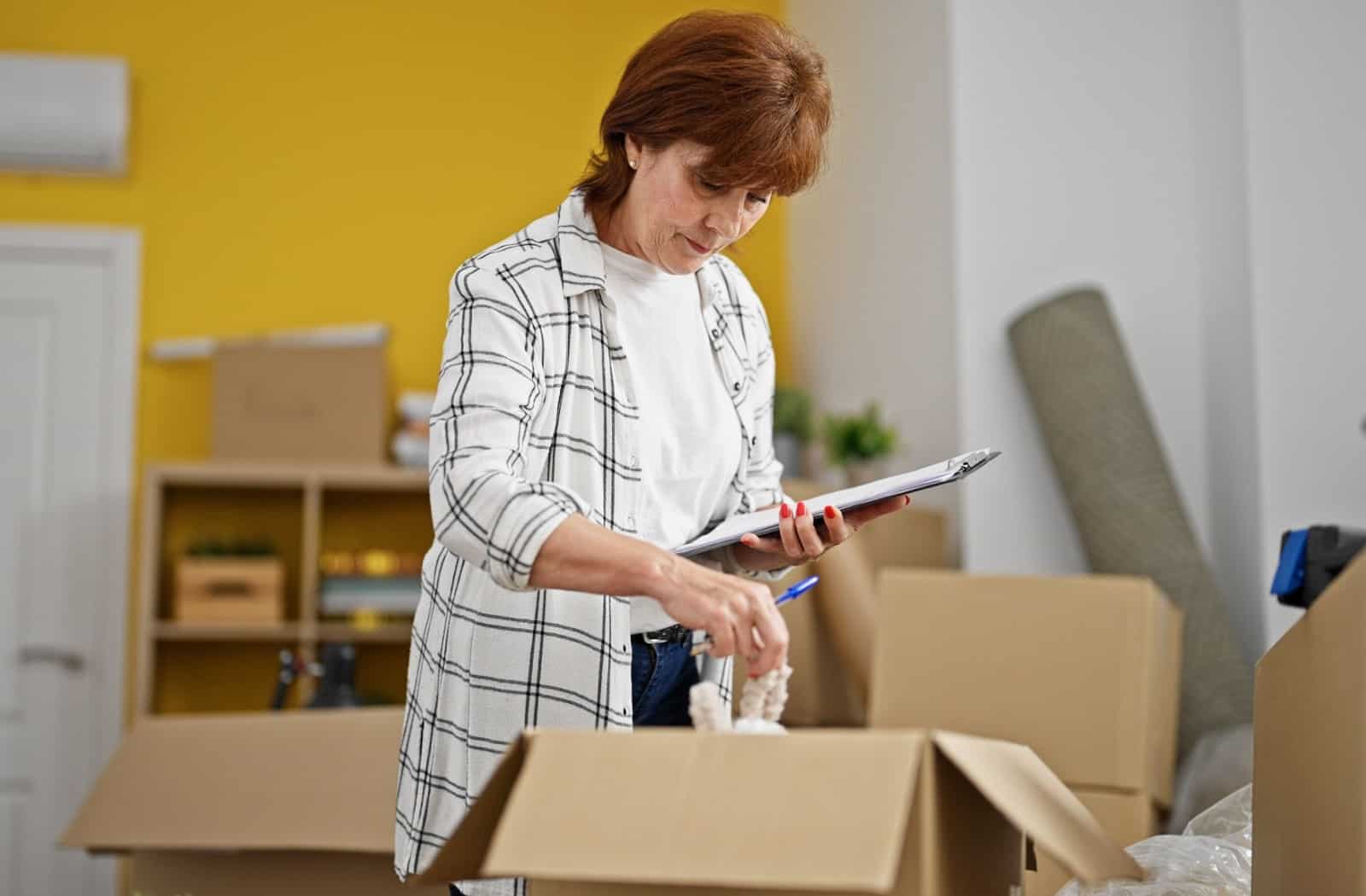 Older adult writing notes on a moving checklist while packing boxes in preparation for an assisted living move