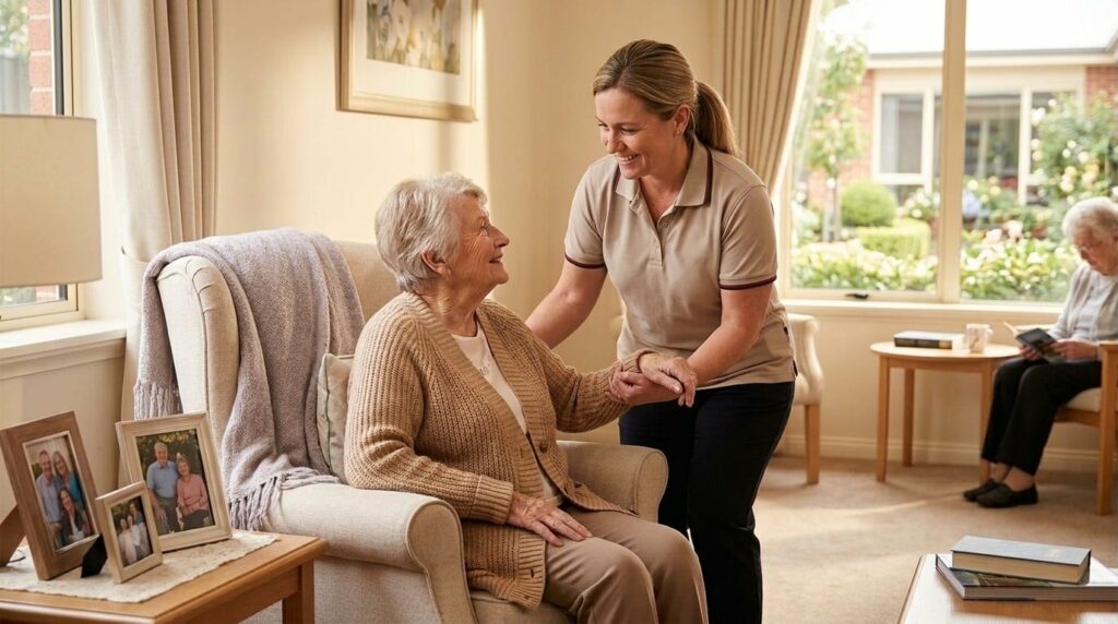 Older adult resting peacefully in a cozy memory care bedroom, supported by attentive senior living staff nearby.
