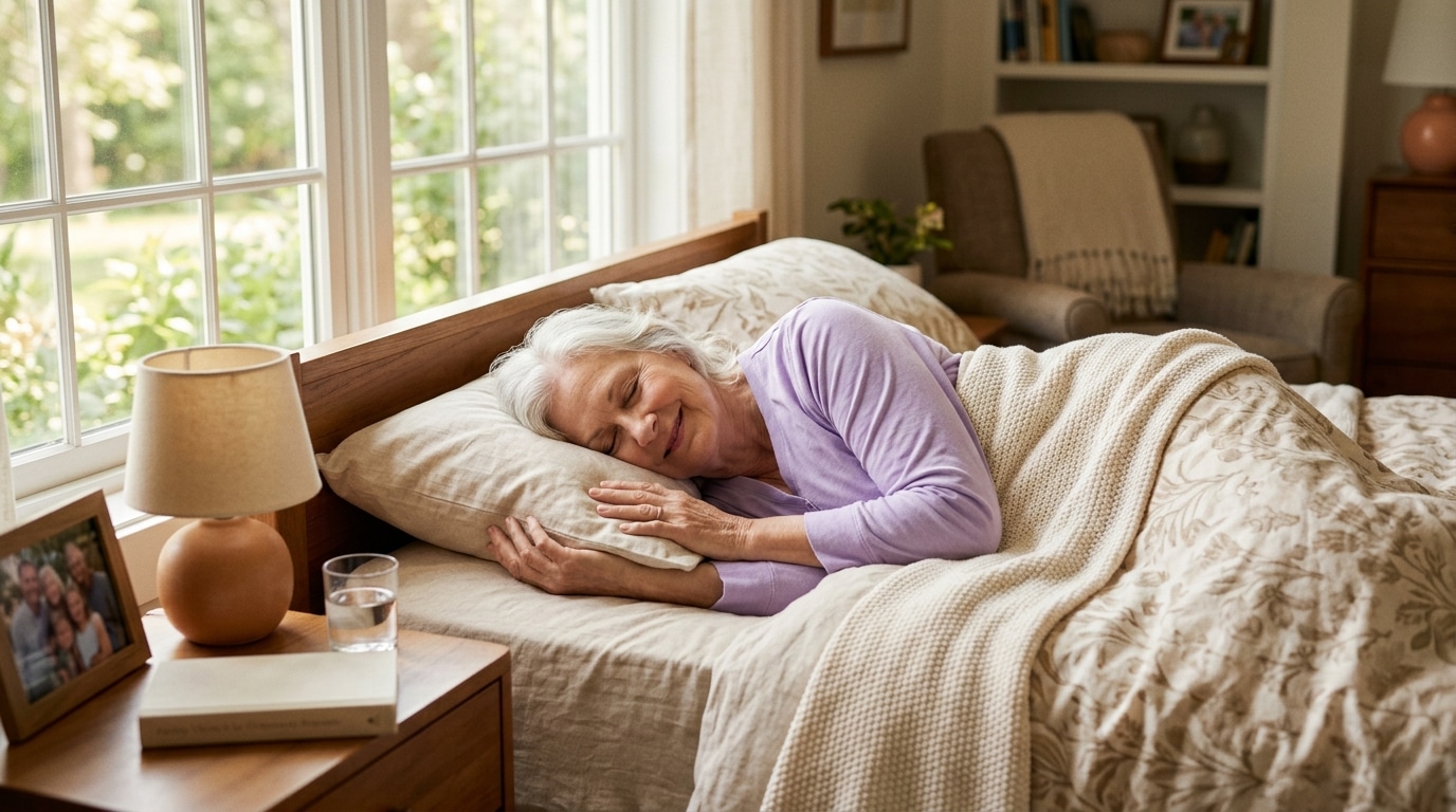 Older adult sleeping peacefully in bed, representing the 7–9 hours of nightly sleep recommended for adults 60 and older.