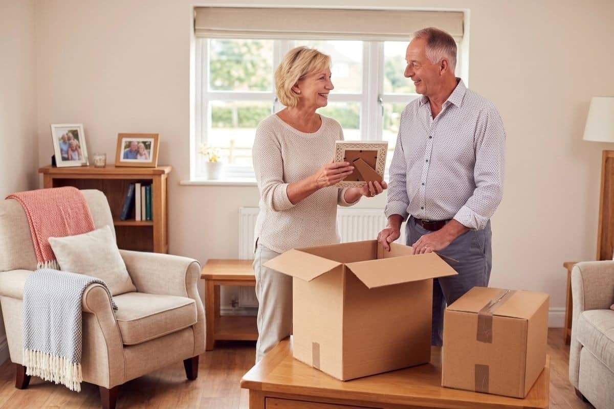 Smiling senior carefully packing belongings into boxes while downsizing their home in Minnesota.