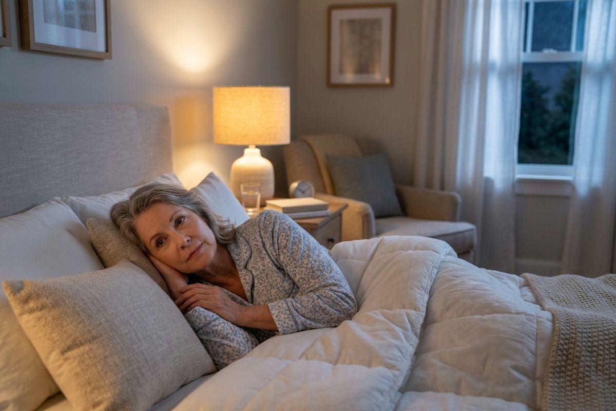 An older adult lies awake in bed at night.