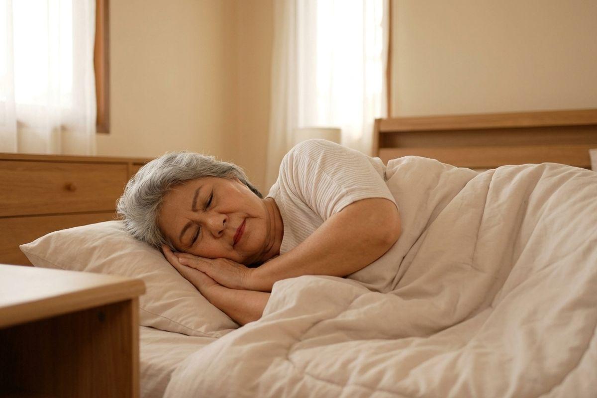 Older woman with gray hair sleeping on her side in bed with white linens in a sunlit bedroom.