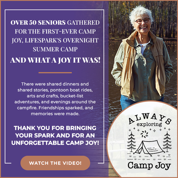 Promotional banner for Camp Joy: left purple panel with bold text about seniors camp; right shows a smiling older woman outdoors by a lake with a circular Camp Joy logo.